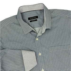 BUGATCHI Mens L/S Shirt Classic Fit Nylon Blend Blue Pattern w/Flip Cuff Size‎ L